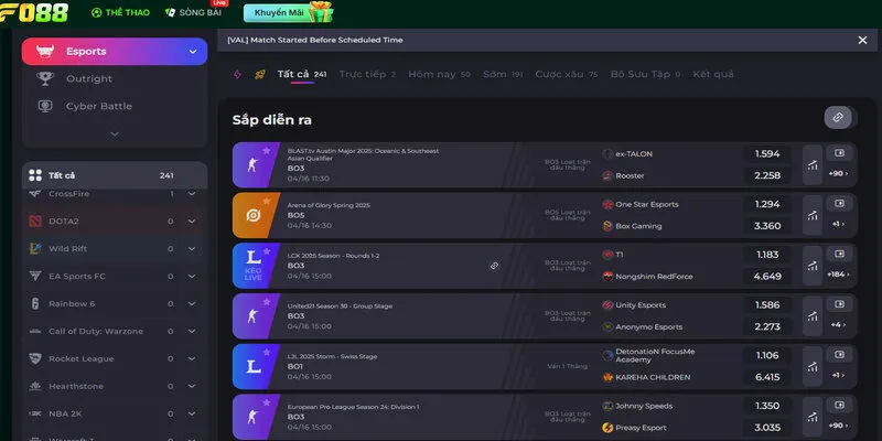 Sảnh Esport tại FO88 có tỷ lệ cược cực kỳ hấp dẫn